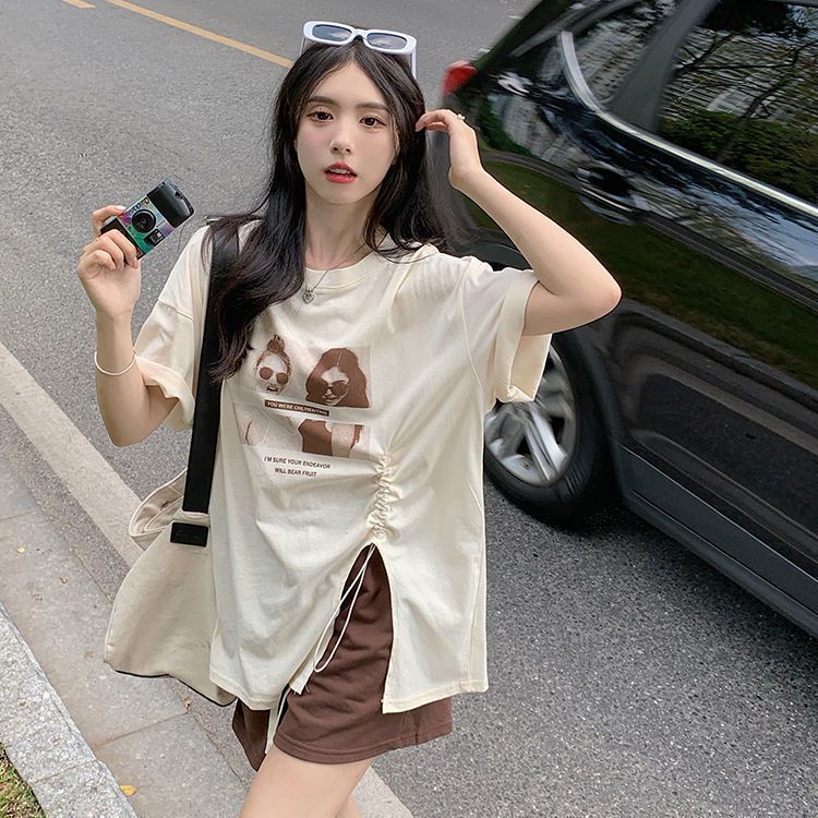 Slit T-shirt women's summer Korean version 2022 new loose white printing design sense niche short-sleeved top students