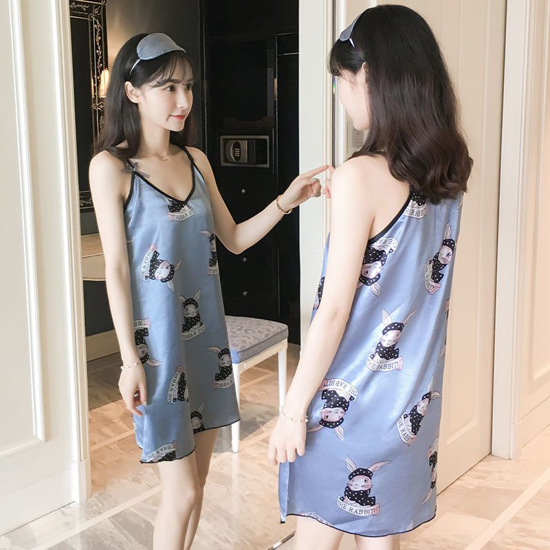 Nightdress female summer ice silk Korean version cute suspenders sweet pajamas home service sexy nightdress silk skating silk fun