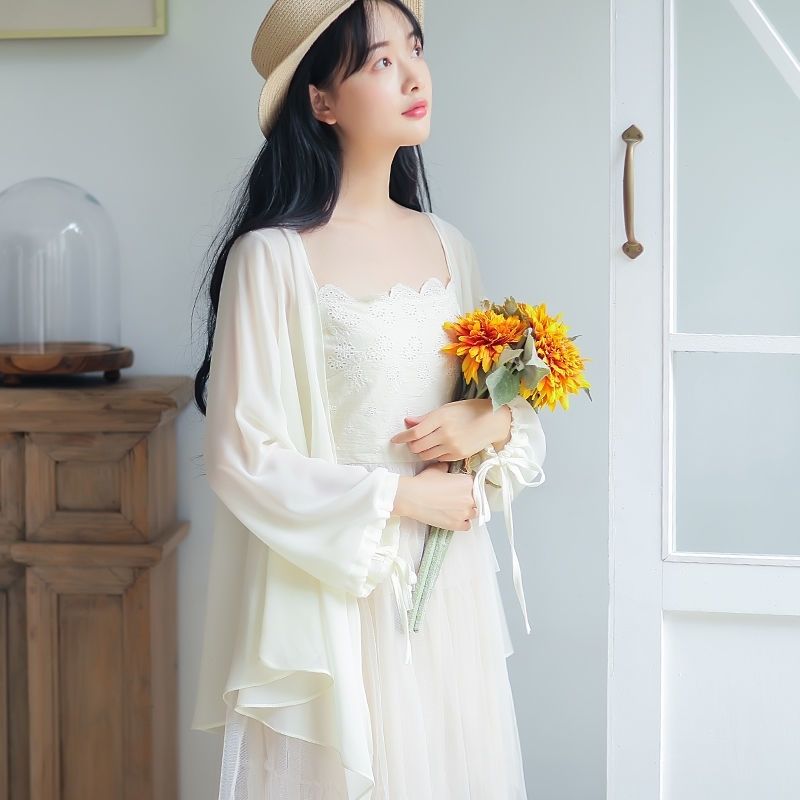 With skirt, sun protection clothing, small cardigan, chiffon thin section, summer college style, medium and long small shawl coat