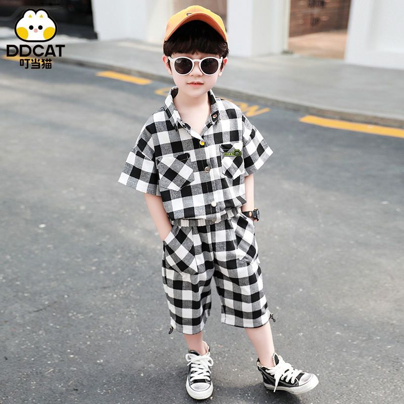 叮当猫男童夏装短袖套装宝宝新款休闲夏季格子儿童洋气衬衫童装男