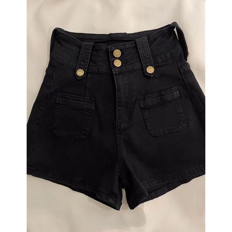Black denim shorts women's summer retro high-waist design feeling niche loose slim hot girl a-line wide-leg hot pants