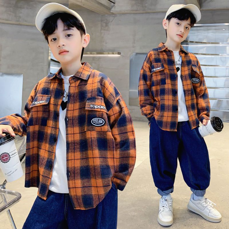 Boys fried street shirt spring and autumn new children's spring and autumn long-sleeved plaid shirt big boy foreign style jacket