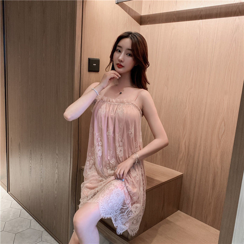 New sling nightdress female thin section French sentiment sexy charming lace pajamas summer large size hollow home service