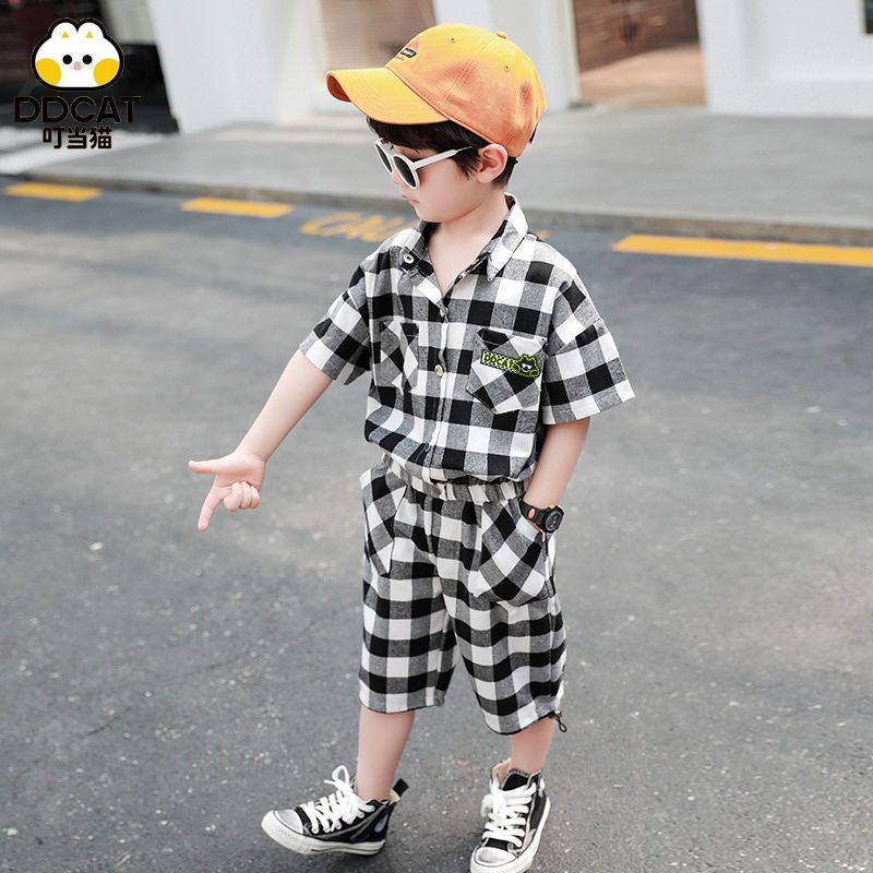 叮当猫男童夏装短袖套装宝宝新款休闲夏季格子儿童洋气衬衫童装男