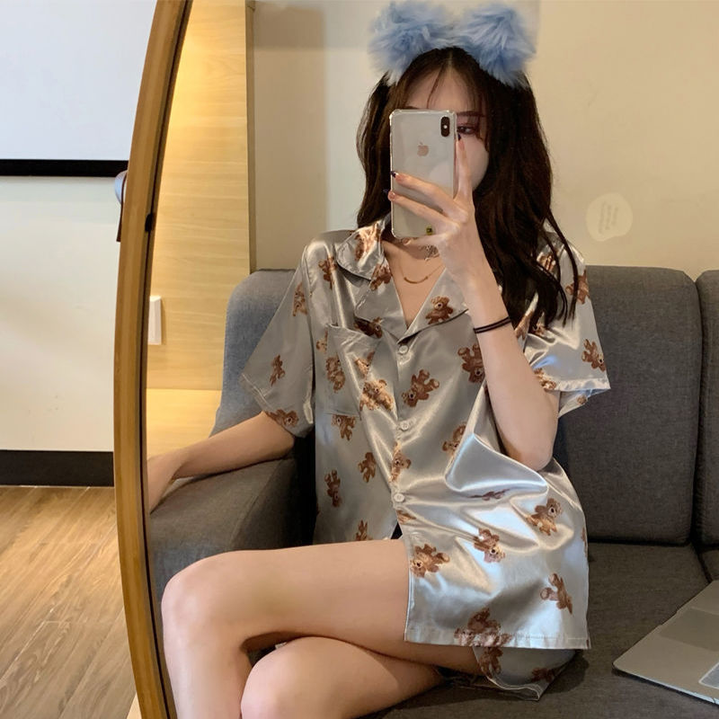 韓國卡通小熊夏季冰絲睡衣女短袖短褲休閒薄夏天可外穿家居服套裝