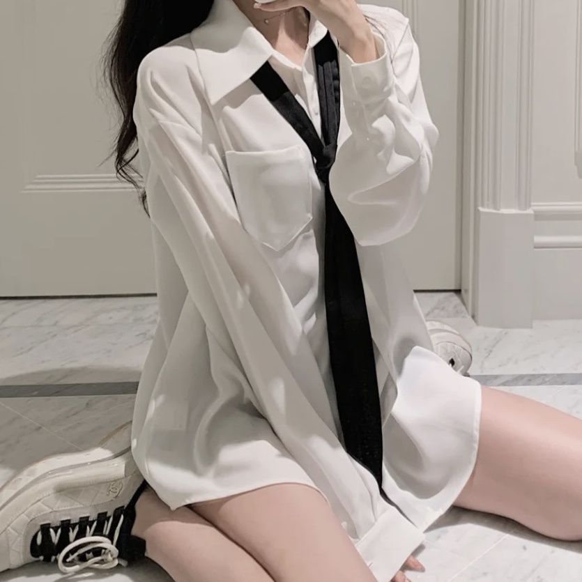 輕熟風御姐領帶雪紡襯衫女裝夏季白色寬鬆垂感中長款長袖襯衣上衣