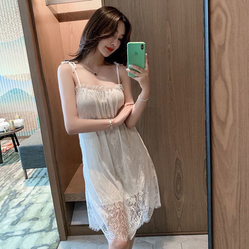 New sling nightdress female thin section French sentiment sexy charming lace pajamas summer large size hollow home service
