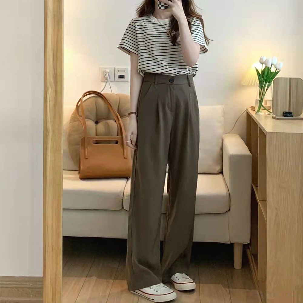 Summer suit women 2022 new foreign style Korean version slim wear striped short sleeved T-shirt suit pants two-piece set