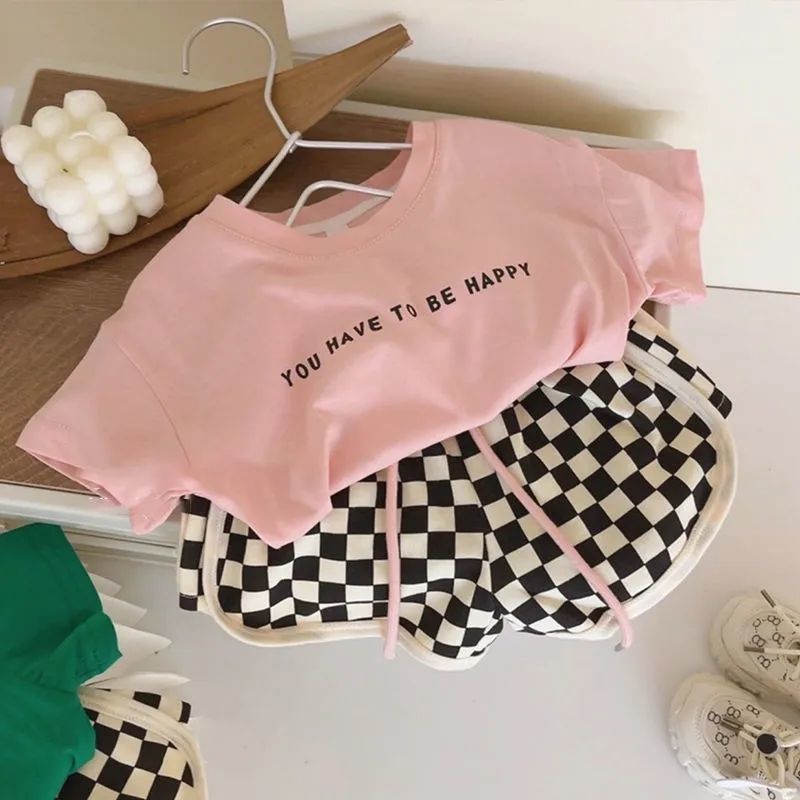 Cotton Korean children's clothing 2023 summer new boys and girls sports suit children's letters short-sleeved shorts two-piece set