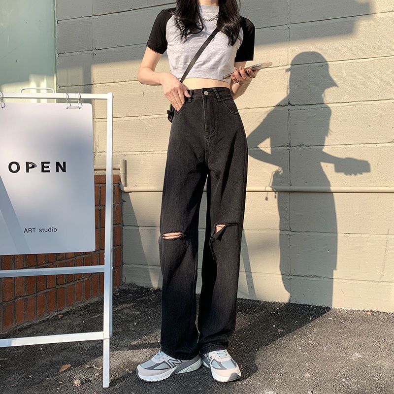 Ripped wide-leg jeans for women spring and summer 2022 new high-waisted design straight-leg loose-fitting floor-length mopping pants