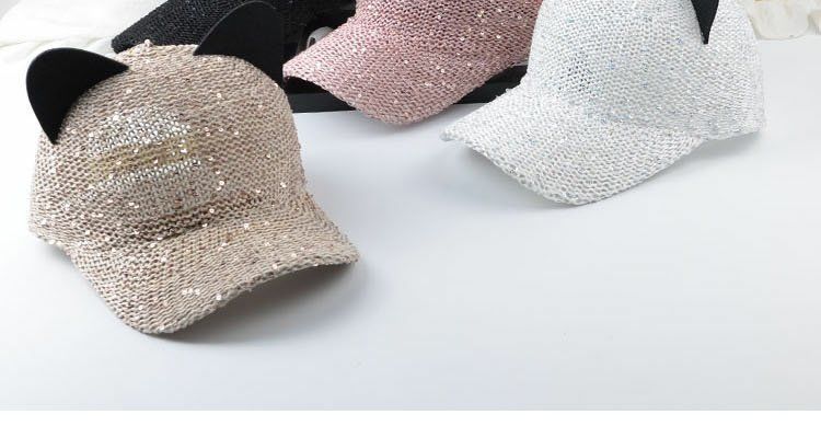 Versione coreana garza traspirante simpatiche orecchie di gatto (pane a forma di orecchio di gatto al vapore) berretto da baseball con paillettes a tesa curva da donna_voghion.com