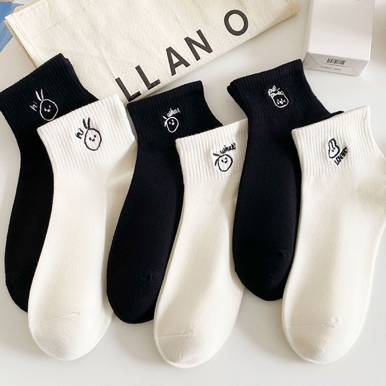 Black socks women's socks summer white cotton socks cute Japanese cartoon embroidery summer thin low-top socks