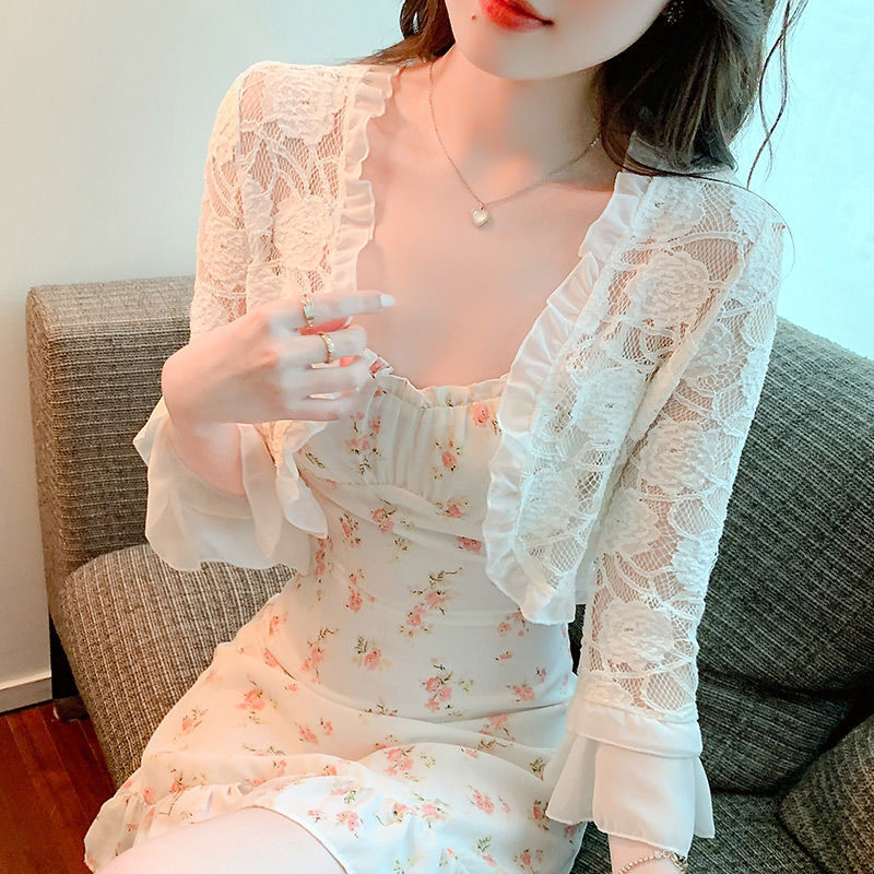 【送吊帶】夏季防曬衣蕾絲小披肩外套女短款開衫外搭雪紡薄款上衣
