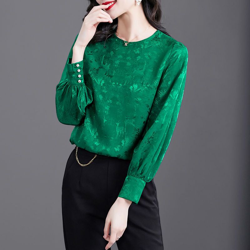 大牌真絲襯衫女春夏2022新款桑蠶絲高端小衫洋氣綠色長袖圓領上衣