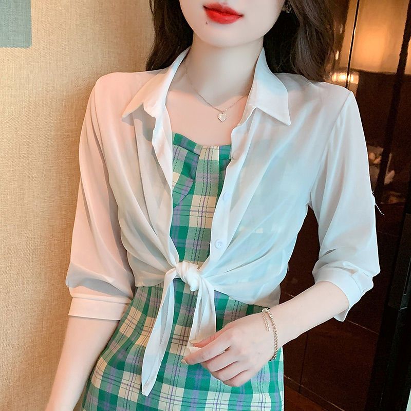 【送吊帶】夏季新款小披肩薄款襯衫小外套女百搭防曬衣雪紡開衫女