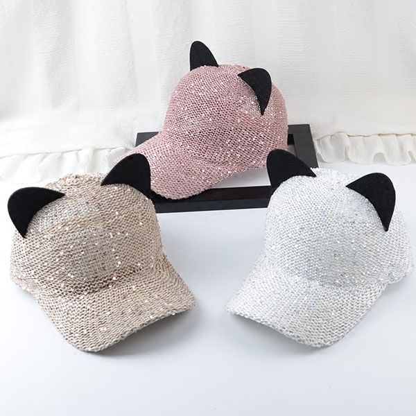 Koreansk versjon pustende gasbind søt katteører (dampet katteøreformet brød) baseball damecaps med buet brem og paljetter_voghion.com