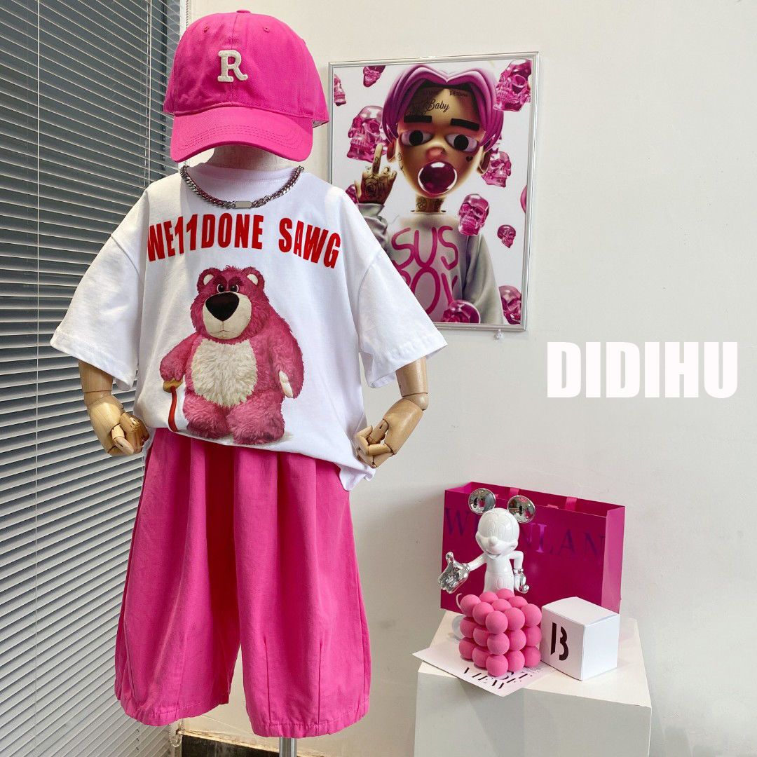  summer new Korean version of bubble matt boy printed short-sleeved boys and girls cute casual bubble matt t-shirt