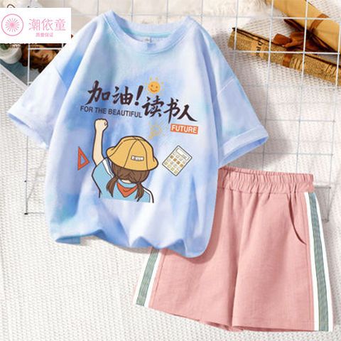 Cotton girls' suit summer 2022 new middle and big boys and girls short-sleeved summer dress western fashion trendy suit