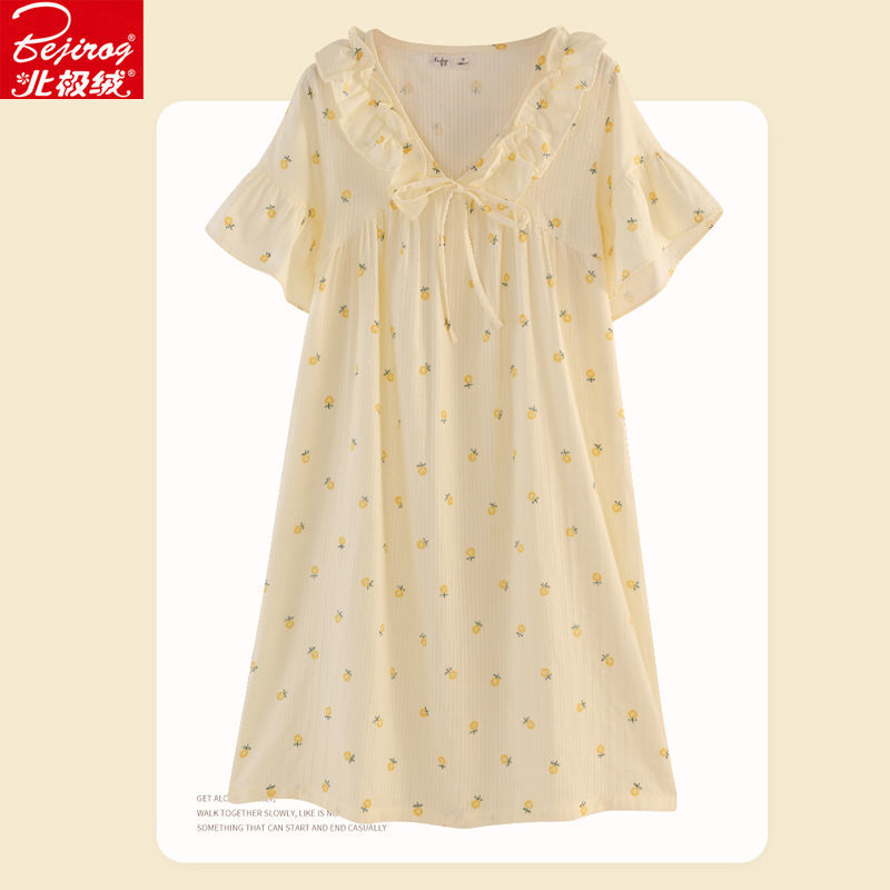 100% cotton high-end pajamas Cute Princess sweet nightdress women summer short sleeve thin dress medium long