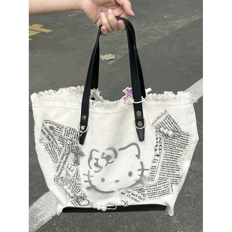 原創新款kitty貓y2k辣妹刺繡帆布單肩包托特包休閒小眾可愛斜挎包