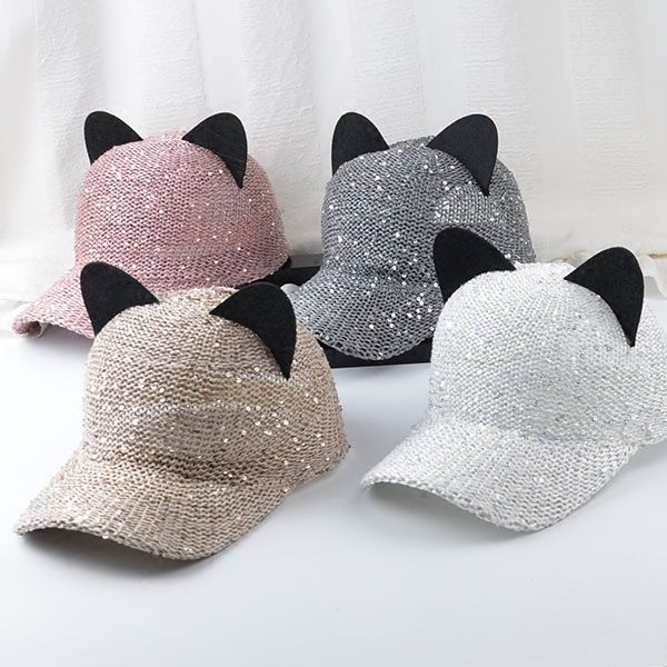 Versione coreana garza traspirante simpatiche orecchie di gatto (pane a forma di orecchio di gatto al vapore) berretto da baseball con paillettes a tesa curva da donna_voghion.com