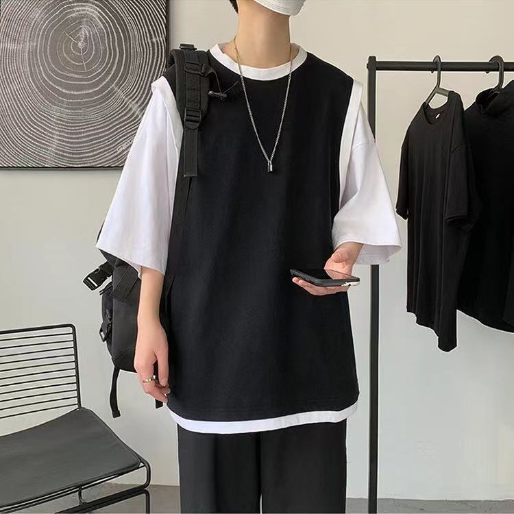 Couple short-sleeved T-shirt men's ins Hong Kong style loose trendy brand half-sleeved top summer new fake two-piece versatile bottoming shirt