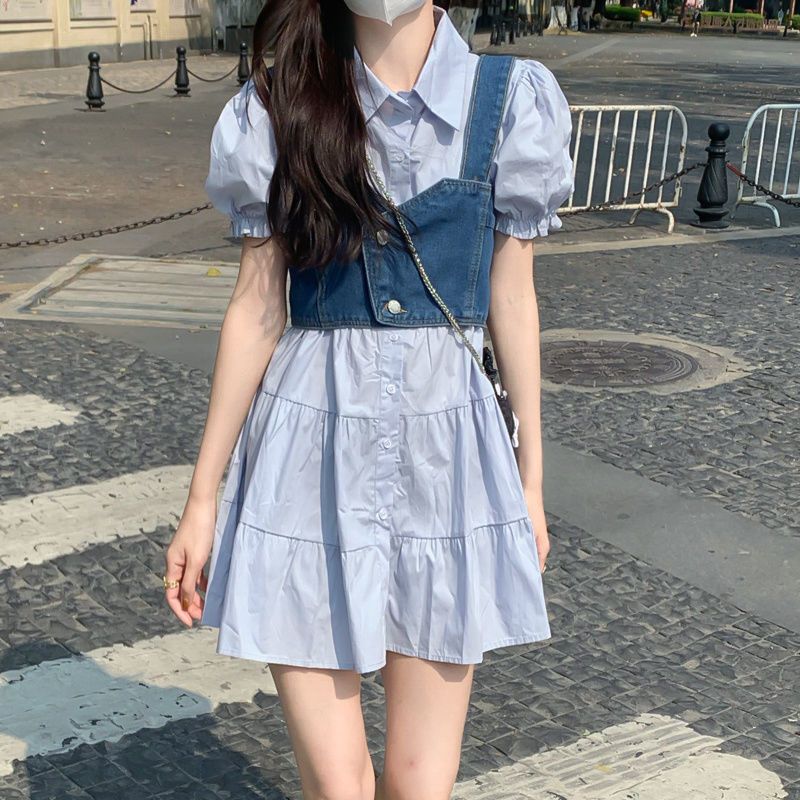 Fashion suit women's 2022 summer sweet and spicy Style Bubble Sleeve Shirt Dress denim vest small two piece set