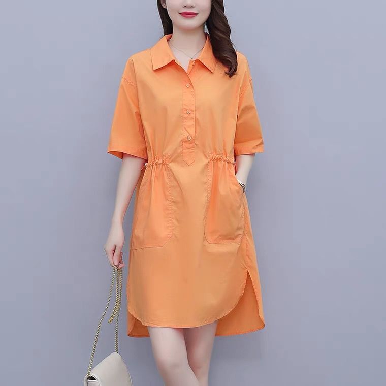 胖妹妹街頭氣質時尚中長款襯衫裙夏新款大碼寬鬆遮肚休閒連衣裙女