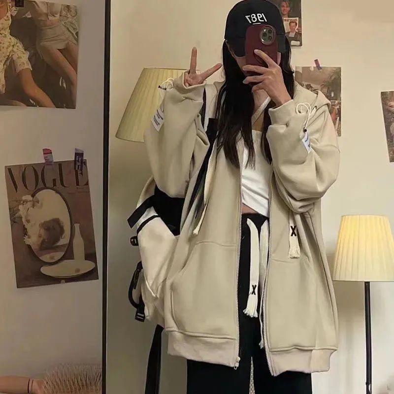 Early spring ins lazy wind ribbon hooded sweater loose casual chic tide brand cardigan Korean version thin coat women