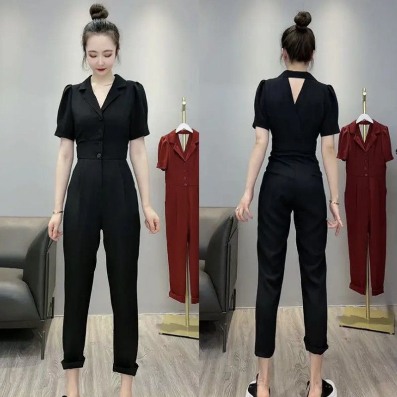 In the summer of 2022, women's new slim 4-button jumpsuit with bare back chiffon suit