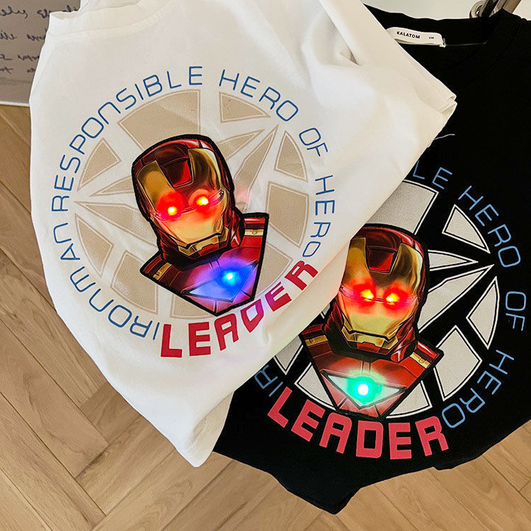 Children's summer clothes cartoon luminous Iron Man short-sleeved T-shirt for children and babies foreign style tops boy flashing half-sleeves