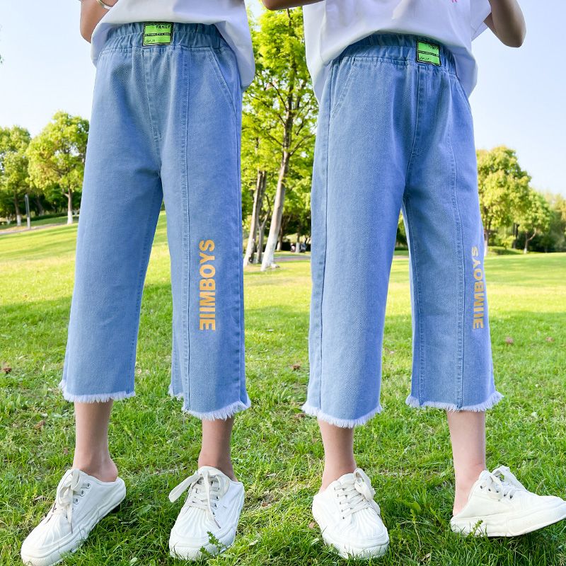 女童褲子夏季牛仔褲七分褲2023新款中大童闊腿褲薄款女孩夏天中褲