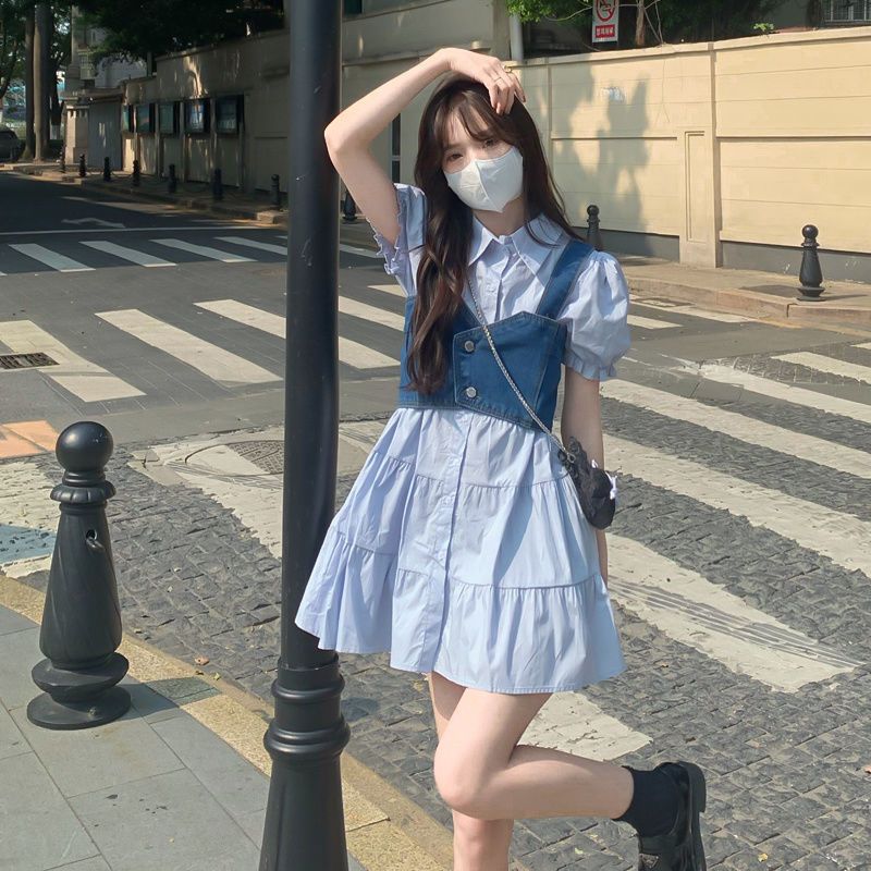 Fashion suit women's 2022 summer sweet and spicy Style Bubble Sleeve Shirt Dress denim vest small two piece set