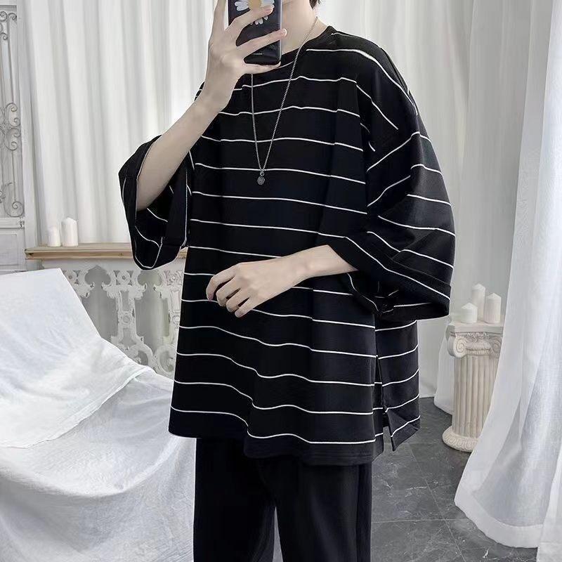 短袖男條紋夏季五分袖t恤男男士蝙蝠衫ins港風大碼寬鬆半袖潮牌火