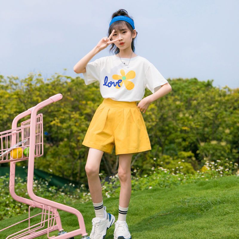 女童套裝夏裝2023新款中大童網紅洋氣女孩短袖休閒夏季短褲兩件套