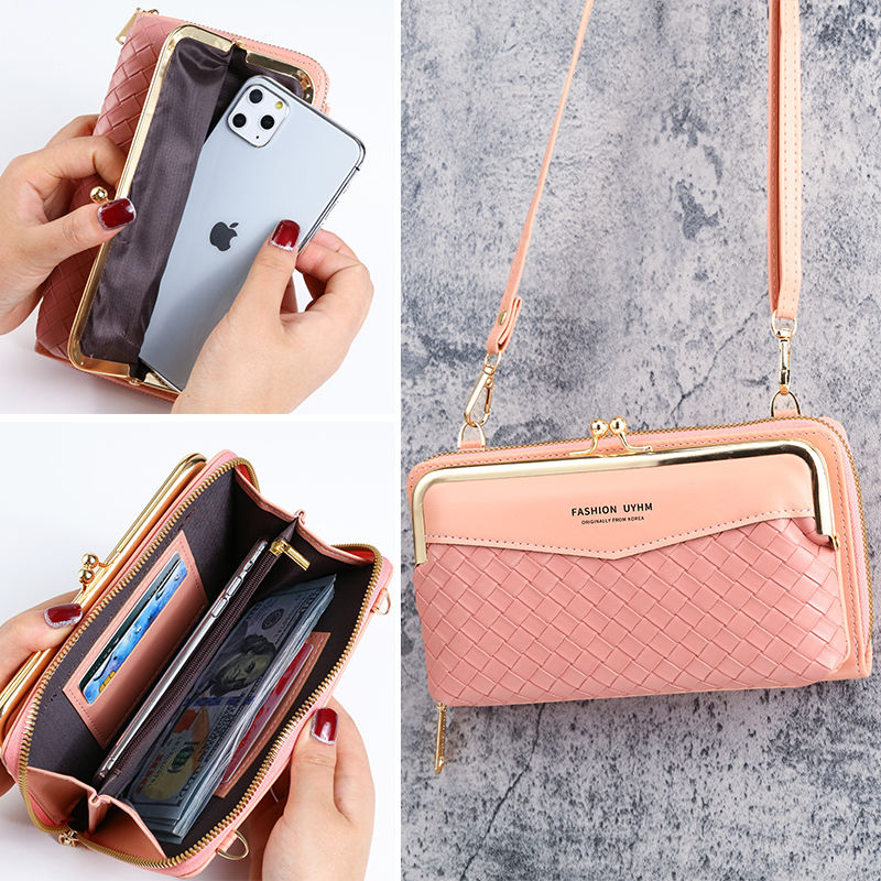 新款手机包女学生韩版编织纹大容量小斜跨包时尚横款拉链搭扣钱包