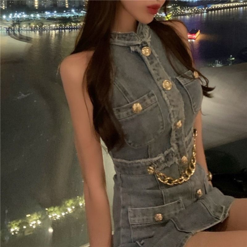 French style denim dress women's summer small sexy fried street design sense small crowd waist slimming temperament bag hip skirt