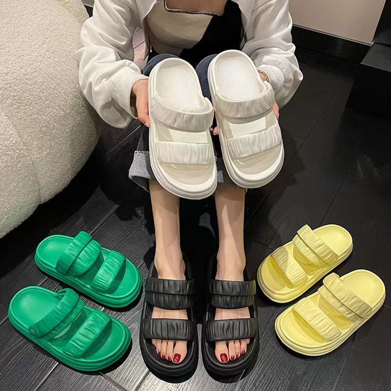 Slippers women's summer simple going out high-value all-match double belt thick bottom home indoor non-slip breathable sandals for outside wear