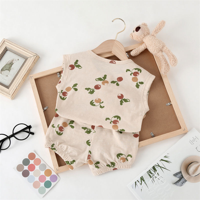 Nordic style 23 summer children's sleeveless vest shorts two-piece fruit print floral baby girl t-shirt set