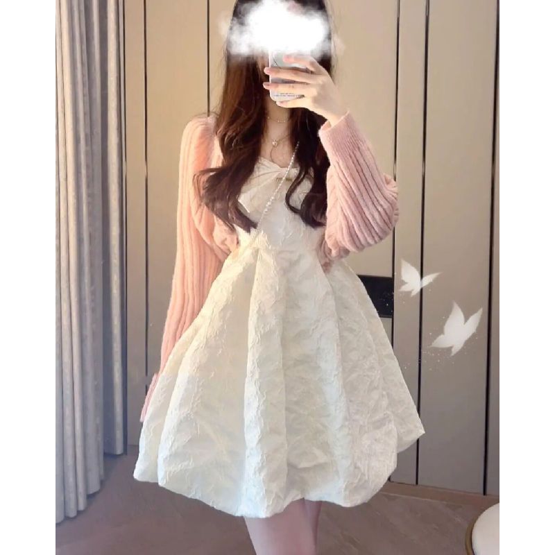 [two piece set] high end sweet slim sunscreen cardigan + French Princess suspender skirt summer suit female