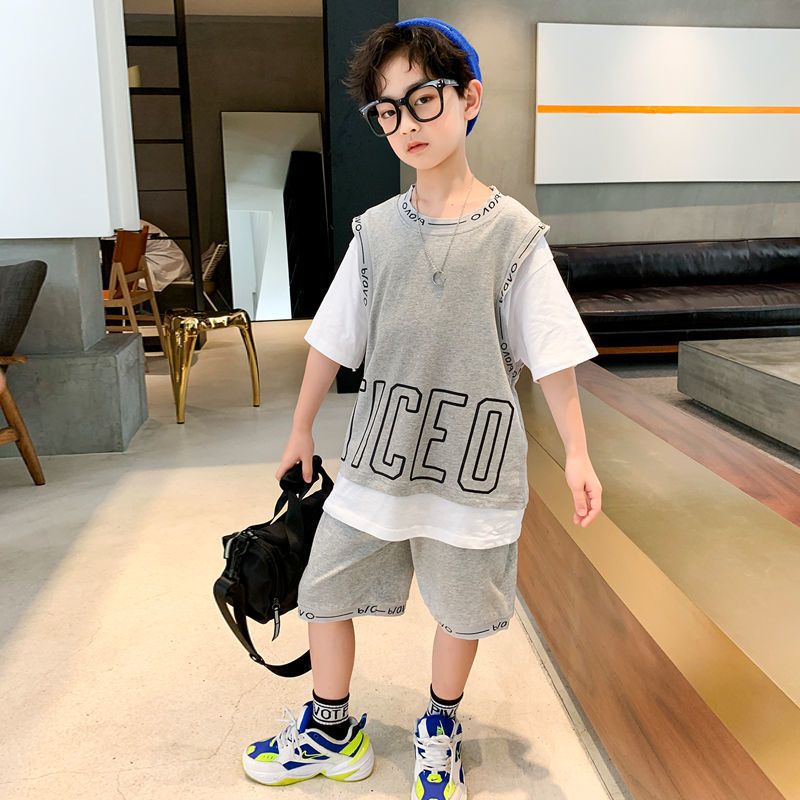 Boys' summer suit  new children's clothing summer short-sleeved middle-aged boy handsome sports fake two-piece Korean style trendy