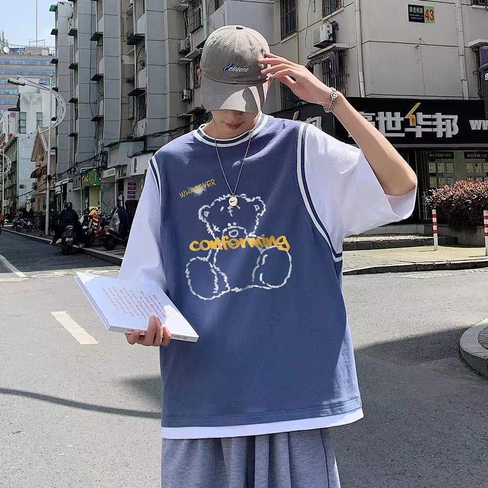 假兩件t恤短袖男港風夏季ins學生大碼寬鬆潮牌秋衣青少年休閒上衣