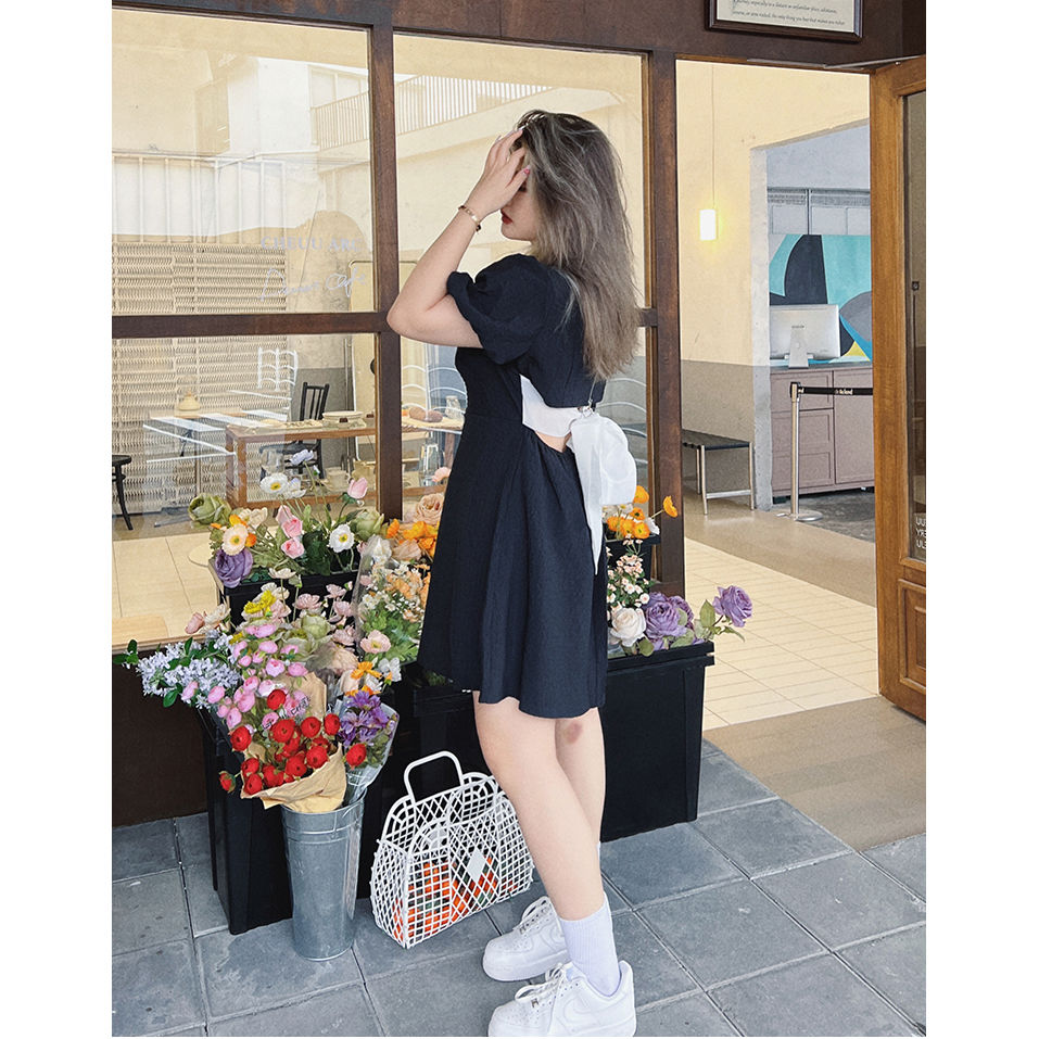 Large size square collar pure desire wind careful machine sexy waistless bow small black dress female puff sleeves age-reducing dress summer