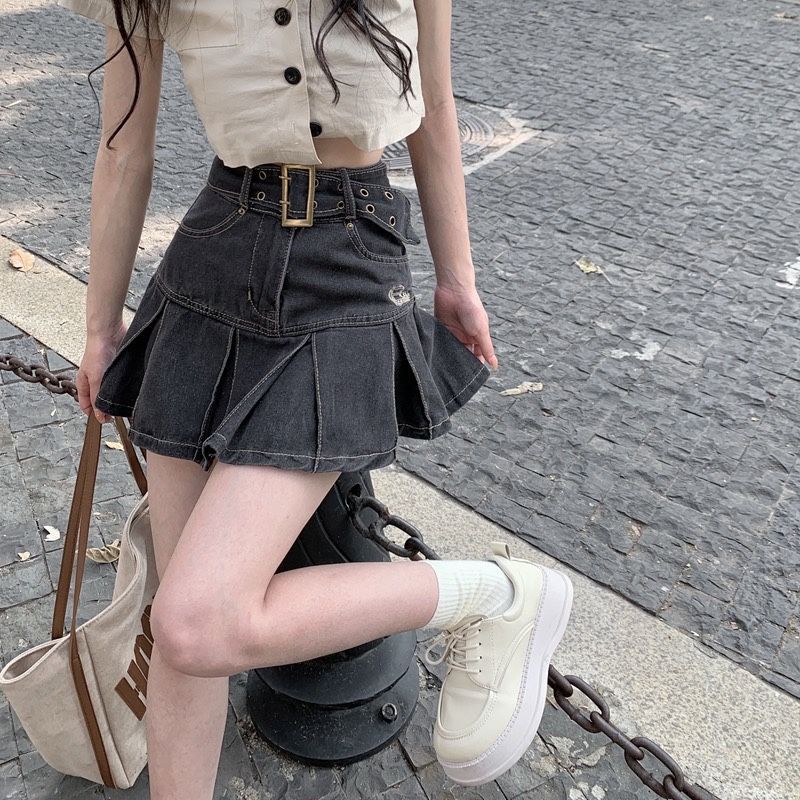 美式復古辣妹牛仔半身裙女2022夏季新款高腰A字裙百褶裙短裙裙子