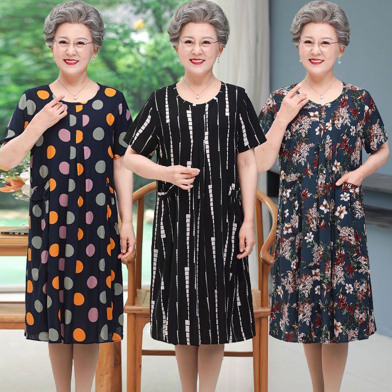 Elderly women's nightdress new cotton silk grandma foreign style mid-length pajamas old man large size loose home service dress