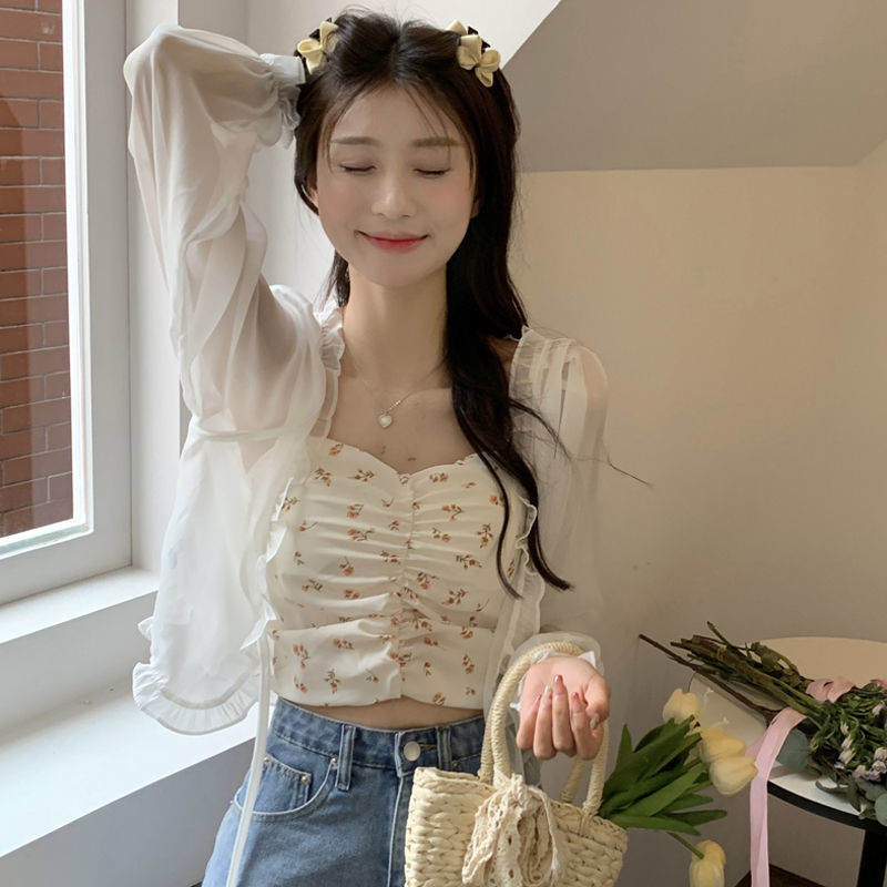冰絲防曬衣女夏季薄款短款外搭罩衫雪紡開衫外套配吊帶裙的小披肩