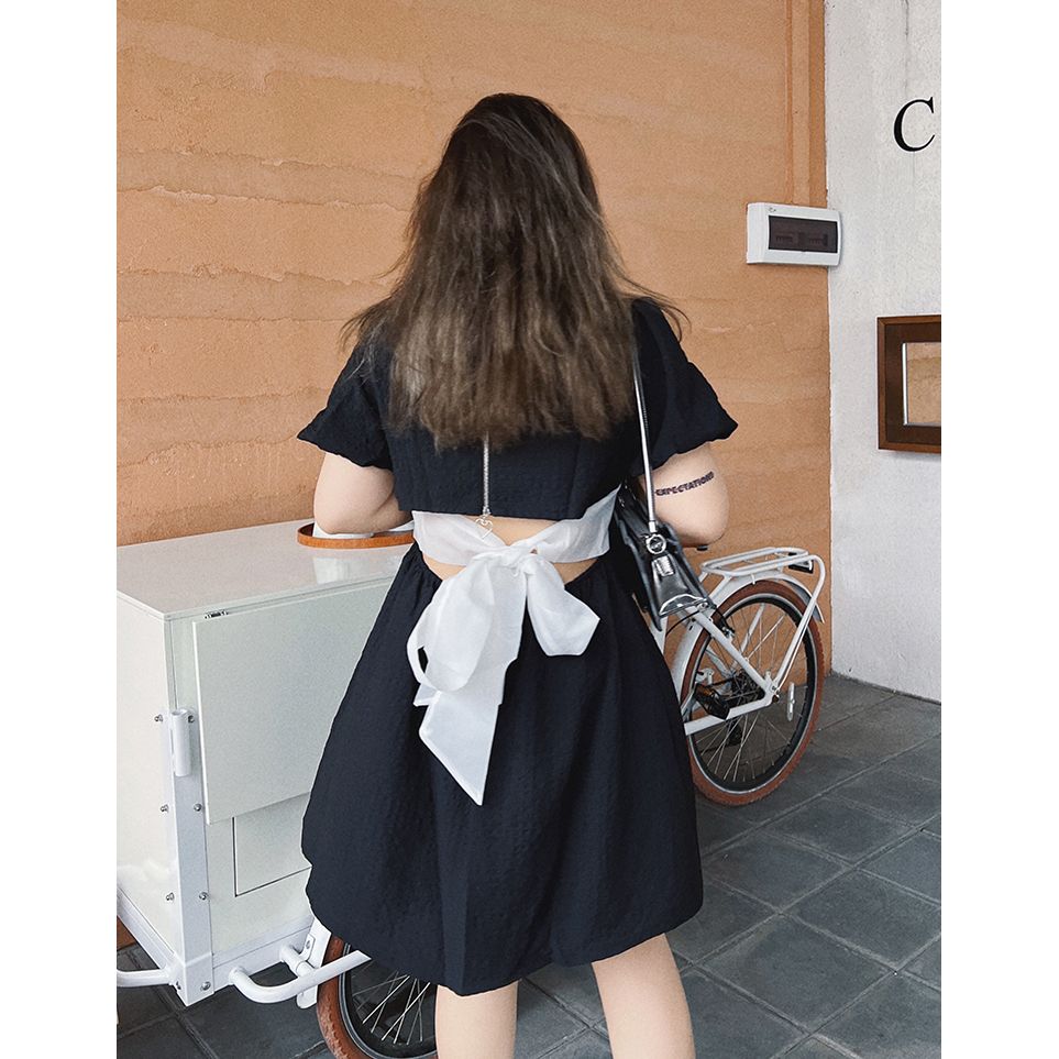 Large size square collar pure desire wind careful machine sexy waistless bow small black dress female puff sleeves age-reducing dress summer