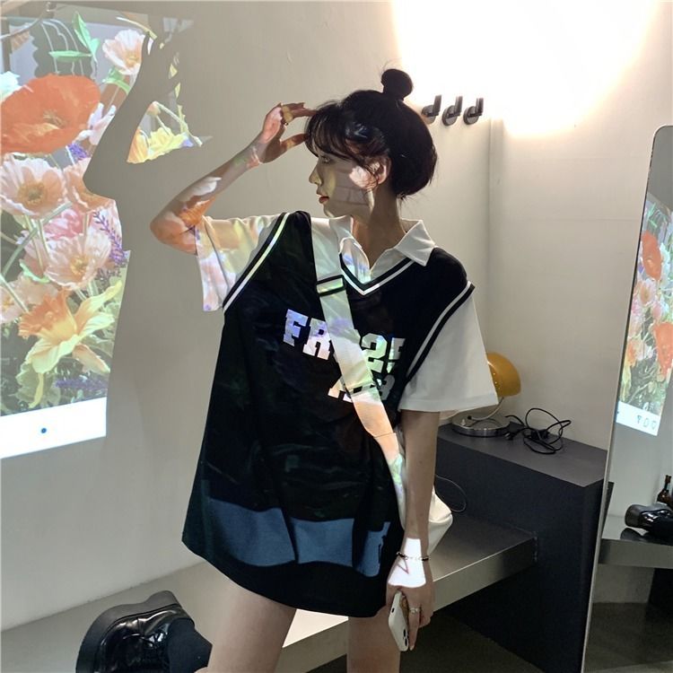 Sweet and spicy basketball suit fake two short sleeve T-shirt female loose Korean version ins tide student Harajuku wind half sleeve super fire coat