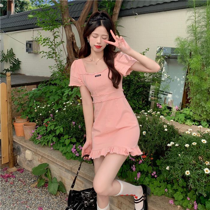 Ruffled pink square collar dress gentle and playful pure desire sweet and spicy skirt narrow waist slim denim short skirt female summer