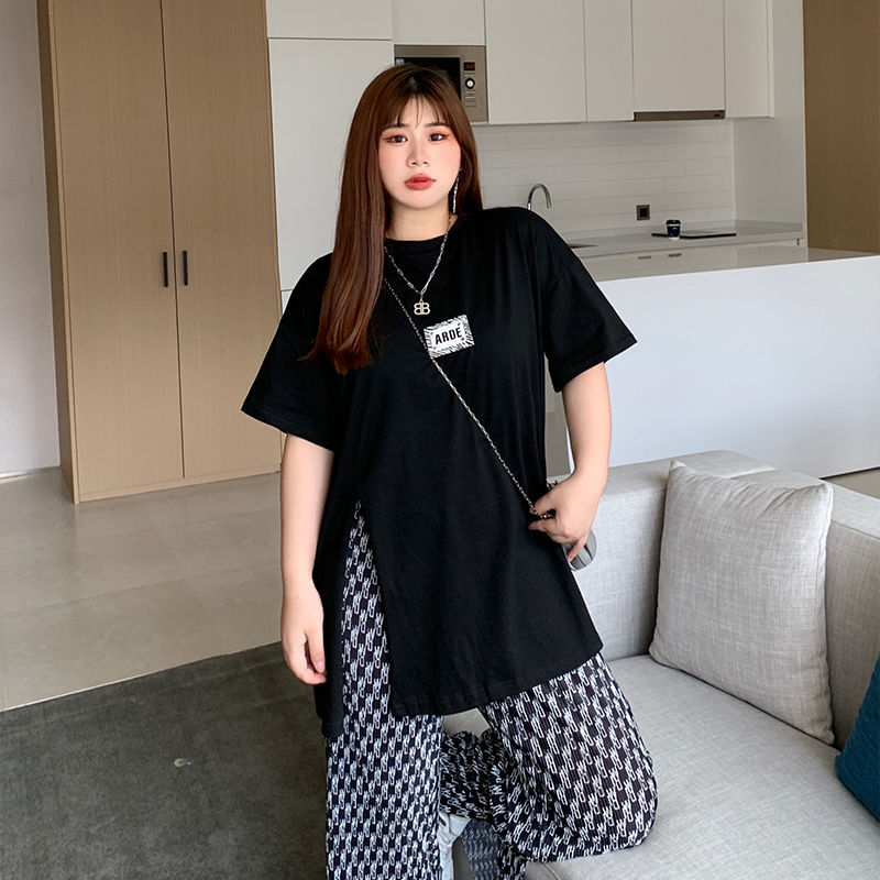 胖mm兩件套裝女開叉T恤短袖上衣大碼洋氣休閒闊腿褲微胖炸街夏季